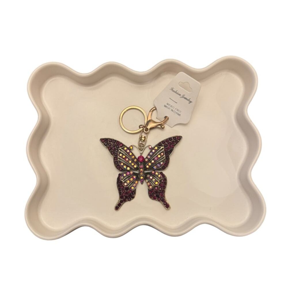 Gold Iridescent Butterfly Charm Keychain - Red